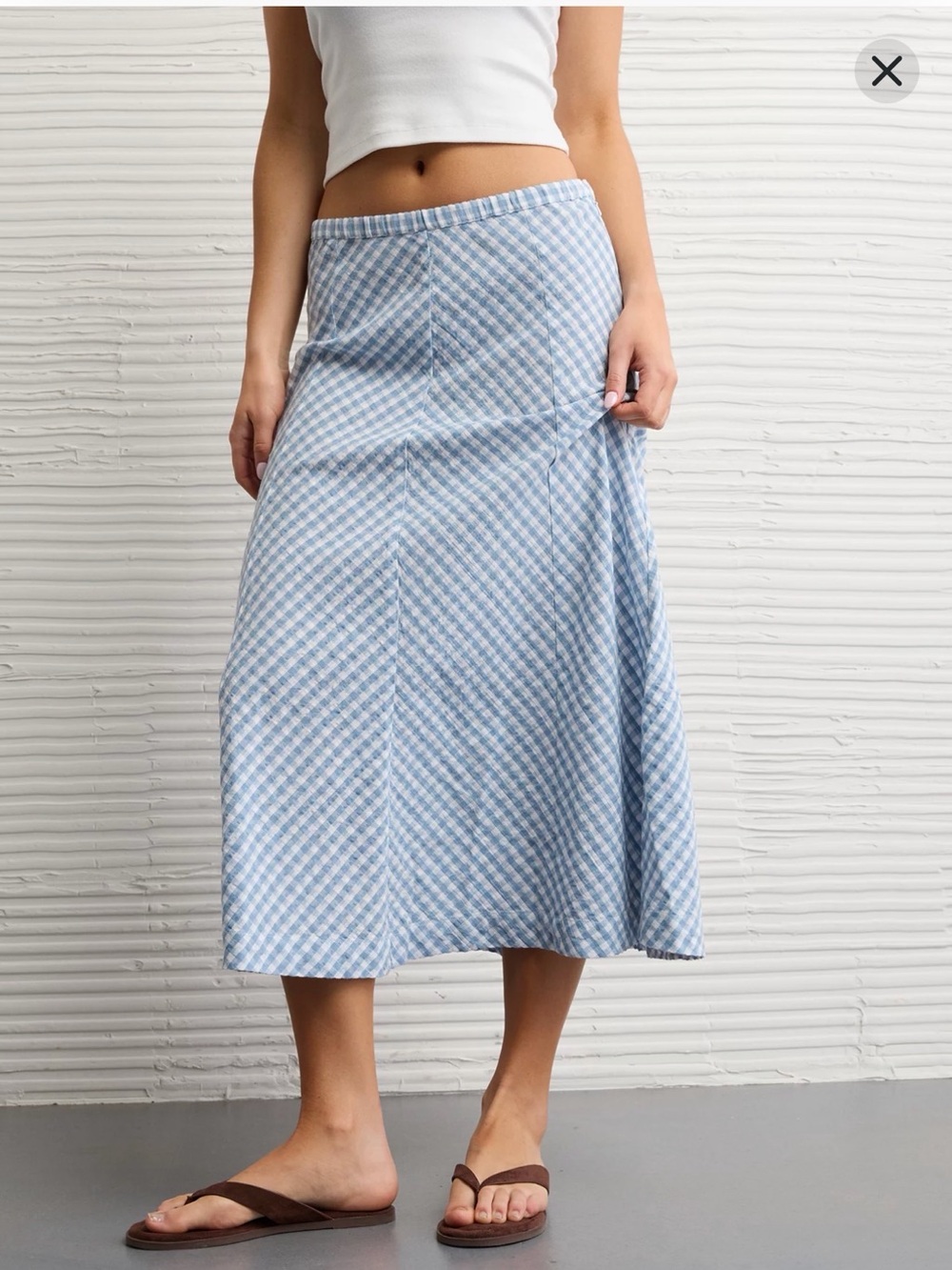 AE Linen-Blend Blue Gingham Midi Skirt - Picture 2 of 6